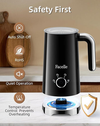 Facelle Milk Frother, 4-in-1 Electric Milk Steamer and Frother, 10oz/300ml Automatic Hot & Cold Foam Maker and Milk Warmer with Auto Shut-Off, for Latte, Cappuccino, Macchiato, Hot Chocolate - Black
