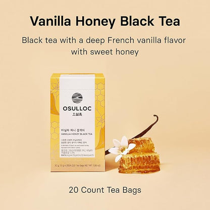 OSULLOC Vanilla Honey Black Tea (20 count, 1.05 oz), Black tea filled with Sweet Flavor of French Vanilla and Honey, Premium Blended Tea bags from Jeju Island