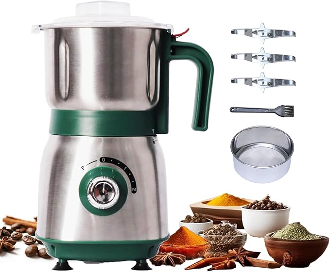 Electric Grinder for Kitchen - 500W Grain Mill with 3 Stainless Steel Blades, Versatile Spice Grinder for Coffee, Grinding Spices, Bean, Grains, Nuts (Green)