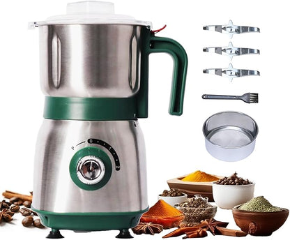 Electric Grinder for Kitchen - 500W Grain Mill with 3 Stainless Steel Blades, Versatile Spice Grinder for Coffee, Grinding Spices, Bean, Grains, Nuts (Green)