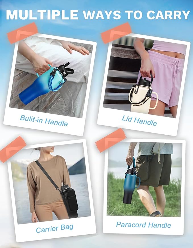 40 oz Water Bottle with Handle and Straw - Stainless Steel TumblerKeep Cold for 48 Hrs, Travel Tumbler Flask with Storage Carrier Pouch, Paracord Handle & Silicone Boot, Auto Chug Lid & Straw