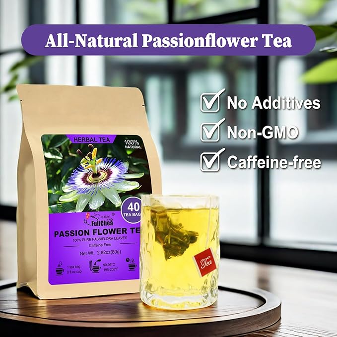 FullChea - Passion Flower Tea bags, 40 Teabags - Natural Passionflower Leaf Herbal Tea for Relaxation - Te De Pasiflora - Non-GMO - Caffeine-free - Support Better Sleep