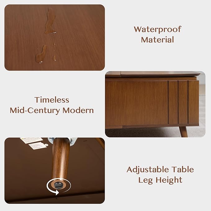 Lift Top Coffee Table with Storage,Large Square Coffee Tables for Living Room,Mid Century Modern Center Table for Home Office, Dark Walnut