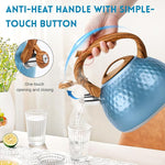 Load image into Gallery viewer, GGC Tea Kettle for Stove Top, Loud Whistling Kettle for Boiling Water Coffee or Milk, 3.1 Quart 3L Heavy Stainless Steel Blue Kettle with Wood Pattern Handle, Unique Button Control Kettle Outlet
