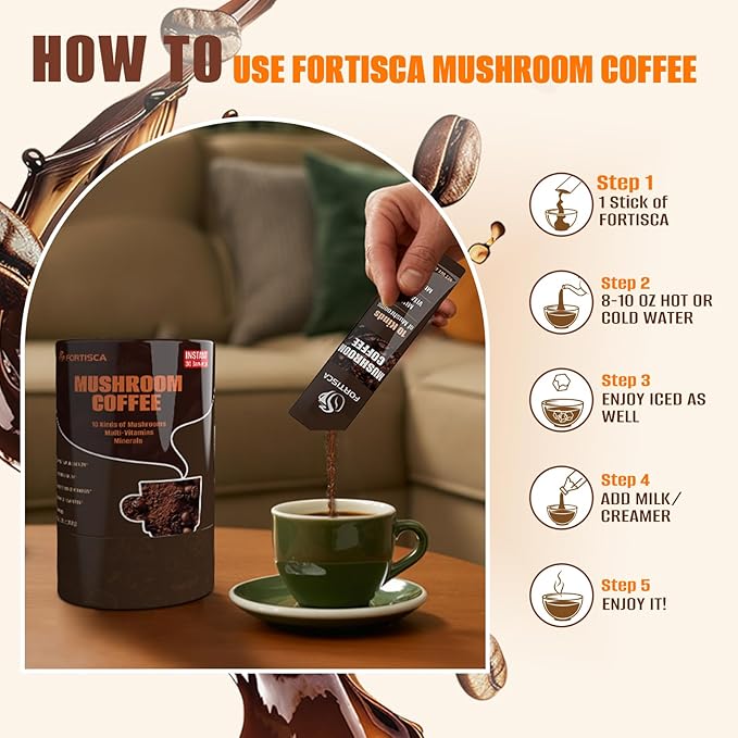 10 in 1 Mushrooms Coffee(Lion's Mane, Cordyceps, Turkey Tail & Other) Ashwagandha Magnesium Multivitamins, 2000mg Mushroom Instant Coffee Powder for Energy, Digestion, Immune Support, 30 Servings