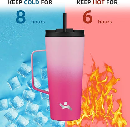 Insulated Tumbler with Handle and Straw, 22 OZ Travel Coffee Mug Stainless Steel Cup Metal Water Bottle,Cherry