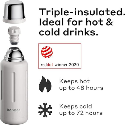 BOBBER 34 oz Stainless Steel Travel Thermos for Hot and Cold Drinks – Dishwasher Safe Metal Water Bottle with Cup Lid – Keeps Hot for 48 Hours – BPA-Free, Vacuum Insulated (Sand Grey)