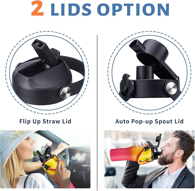 Water Bottle with Straw - 32 40 OZ Water Bottle that Fits in any Car Cup Holder, Water Flask with Straw & Spout Lids, Paracord Handle, Insulated Water Bottle for Travel Gym Office Women