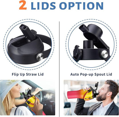 Water Bottle with Straw - 32 40 OZ Water Bottle that Fits in any Car Cup Holder, Water Flask with Straw & Spout Lids, Paracord Handle, Insulated Water Bottle for Travel Gym Office Women