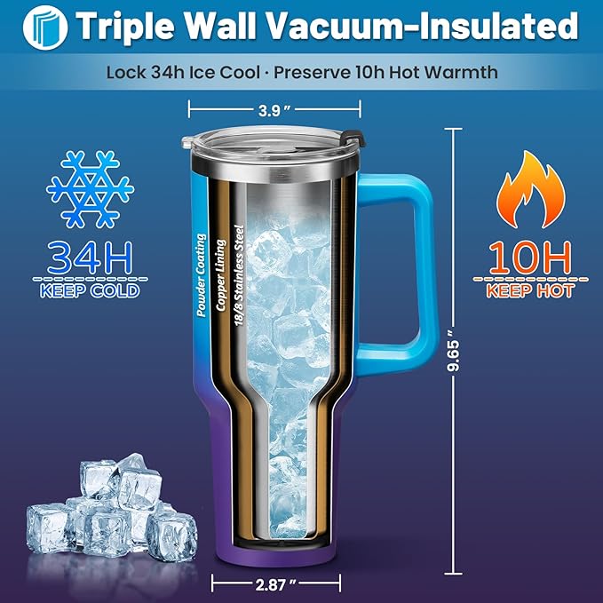 Insulated Tumbler with Straw and Spout Lid - 40 oz Water Bottle w/Handle, Dustproof Cover, Protective Boot, Spill-proof Stainless Steel Hydro Travel Cup Fit Car Cupholder, Coffee Mug