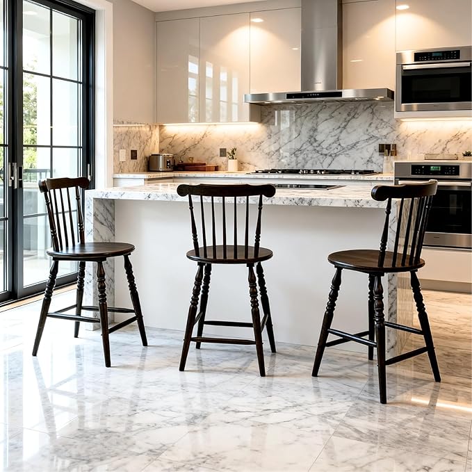 chairus 24" Windsor Counter Height Bar Stools Set of 4, Farmhouse Wooden Counter Stools with Spindle Back & Turned Legs, Rustic Vintage Colonial Bar Chairs for Kitchen Island, Antique Brown