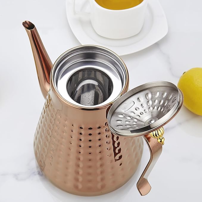 SANQIAHOME 1.8L(60oz) Stainless Steel Hammer Patterned Teapot With Removeable Infuser,Loose leaf cover,Copper