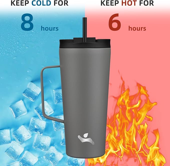 Insulated Tumbler with Handle and Straw, 22 OZ Travel Coffee Mug Stainless Steel Cup Metal Water Bottle,Grey