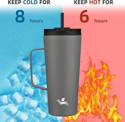 Insulated Tumbler with Handle and Straw, 22 OZ Travel Coffee Mug Stainless Steel Cup Metal Water Bottle,Grey