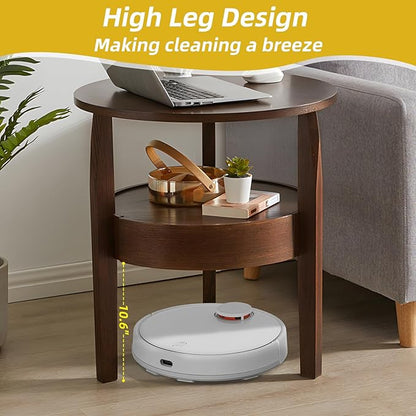 Round Coffee Table with Hidden Drawer - 20" D x 20" H Natural Wood Side Table with Drawer, 2-Tier Rustic Retro End Table with Storage, Small Coffee Table for Living Room, Dark Brown