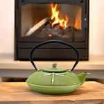 Load image into Gallery viewer, Cast Iron Teapot,SECHUDO Tea Kettle Coated with Enameled Interior for Loose Tea,Cast Iron Teapot with Stainless Steel Infuser for Stovetop Safe (27.1oz Flat Dragonfly Pattern)