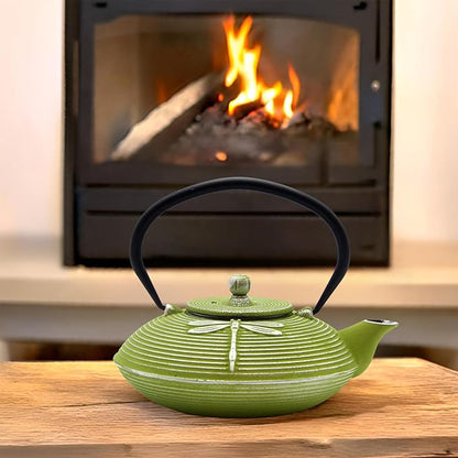 Cast Iron Teapot,SECHUDO Tea Kettle Coated with Enameled Interior for Loose Tea,Cast Iron Teapot with Stainless Steel Infuser for Stovetop Safe (27.1oz Flat Dragonfly Pattern)