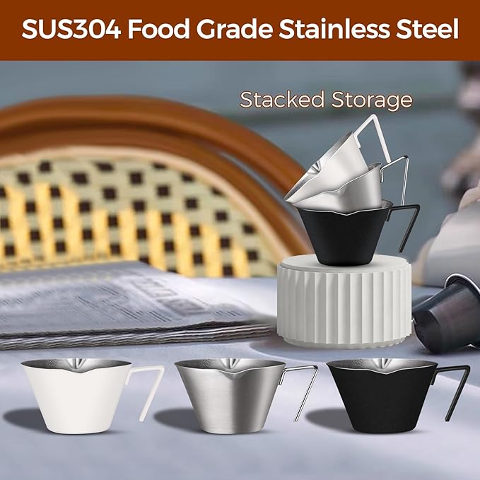2Pcs Stainless Steel Espresso Cup, Double Spout Metal Espresso Measuring Cup with Handle, 3.4oz/100ml V-Shaped Mouth with Dual Scale (Silver+Black)