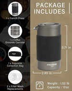 Load image into Gallery viewer, POLIVIAR French Press Coffee Maker, 12 oz Portable French Press with Mini Canister and Collection Bag, Double Wall Insulation &amp; Dual- Filter Screen, Food Grade Stainless Steel for Coffee