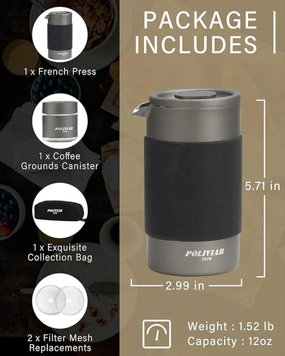 POLIVIAR French Press Coffee Maker, 12 oz Portable French Press with Mini Canister and Collection Bag, Double Wall Insulation & Dual- Filter Screen, Food Grade Stainless Steel for Coffee