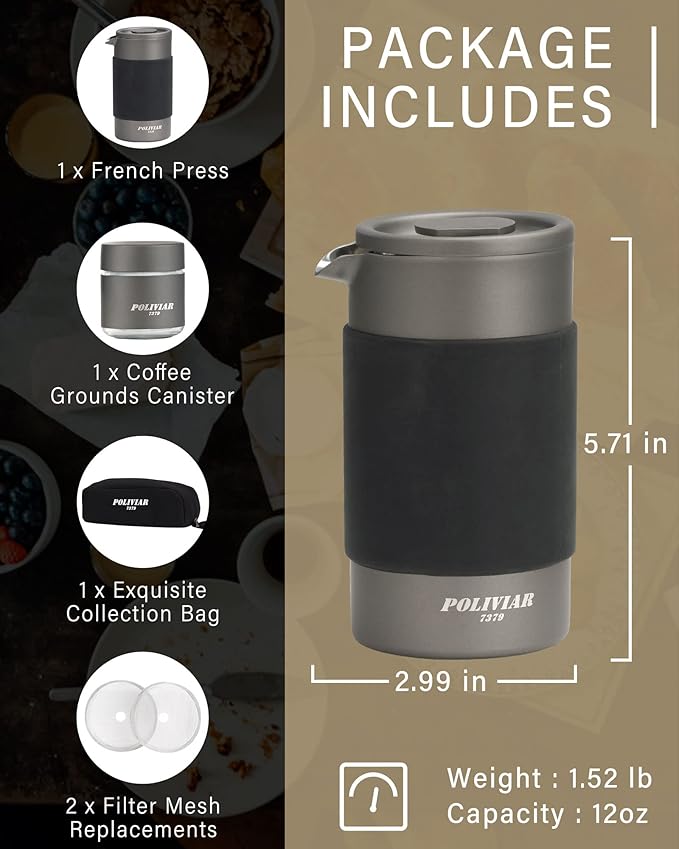 POLIVIAR French Press Coffee Maker, 12 oz Portable French Press with Mini Canister and Collection Bag, Double Wall Insulation & Dual- Filter Screen, Food Grade Stainless Steel for Coffee