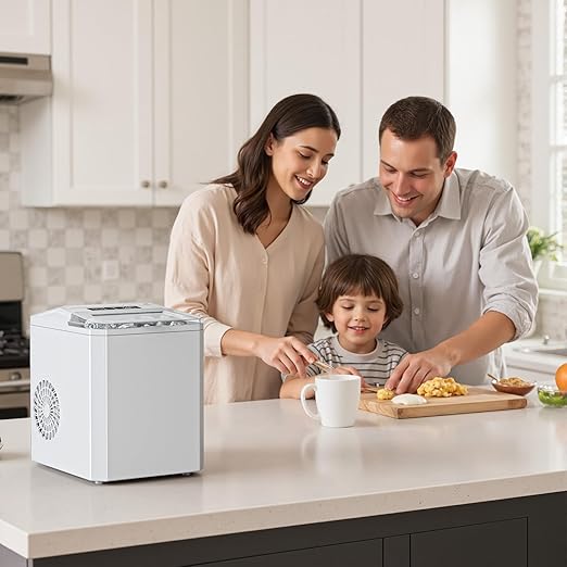Sweetcrispy Countertop Ice Maker - 9 Cubes in 6 Mins, 26lbs/24Hrs, 2-Size Bullet Ice, Self-Cleaning Portable Ice Machine with Quiet Operation for Home Office Camping, White