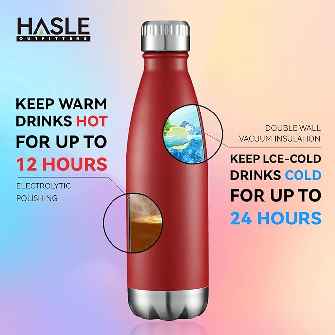 HASLE OUTFITTERS 17oz Stainless Steel Water Bottles Bulk, Vacuum Insulated Water Bottles Double Walled Powder Coated Reusable Metal Sports Water Bottles Keep Drinks Hot and Cold, Red, 8Packs