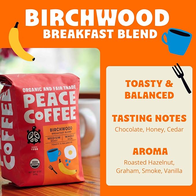 Peace Coffee Birchwood Breakfast Blend | 20 oz Whole Bean Medium Roast | Organic Fair Trade | Smooth, Mild Flavor | Shade Grown, Fresh Roasted