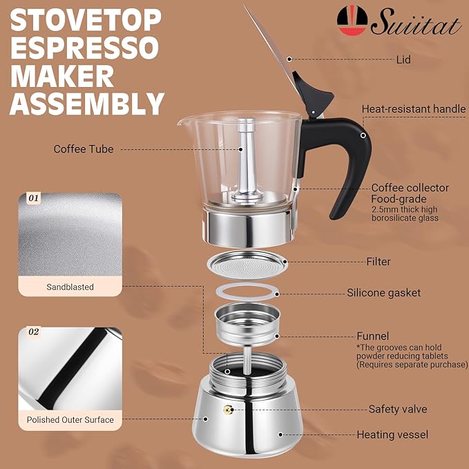 Induction Moka Pot, 9 Cups (15.9 oz) Crystal Glass-Top & Stainless Steel Moka Pot, Classic Stovetop Espresso Maker, Silver