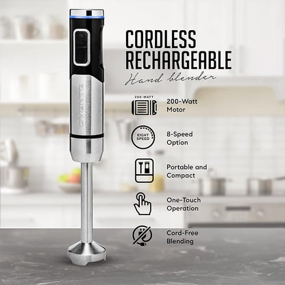 OVENTE Cordless Immersion Hand Blender, Rechargeable Handheld Portable Stick Mixer with 8 Mixing Speed Option, One-Touch Control and Stainless Steel Blades for Smoothies, Shakes or Soups, Black HR981B