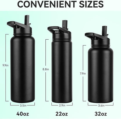 DOMICARE Insulated Water Bottle, 22 oz Vacuum Insulated Stainless Steel Reusable Sports Bottle with Straw Lid & Spout Lid for Travel, Camping, Bike, Leakproof, Black, 1 Pack…