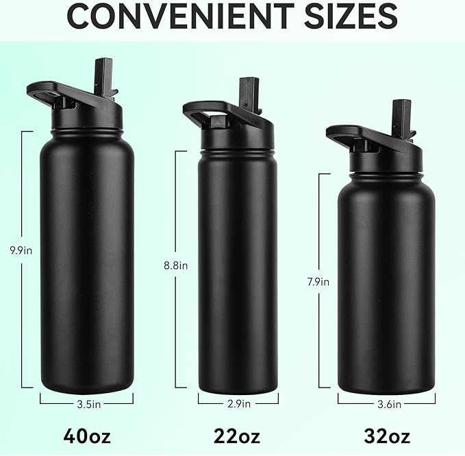DOMICARE 32 oz Insulated Water Bottle Bulk, Vacuum Insulated Stainless Steel Sports Water Bottle with Straw Lid & Spout Lid, Leakproof, Reusable - Travel, Camping, Bike, Black (8 Pack)