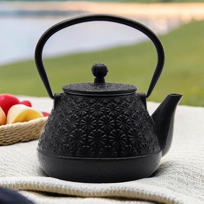 20.3oz Small Cast Iron Teapot, SECHUDO Tea Kettle for Stovetop Safe Coated with Enameled Interior, Japanese Style Tea Pot with Stainless Steel Infuser for Loose Tea (Black Gerbera Pattern)