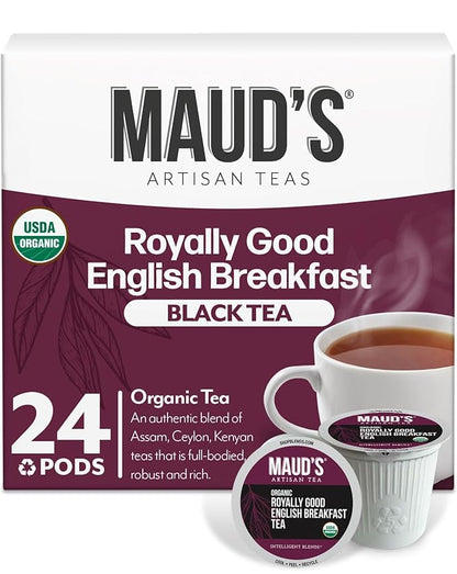 Maud's Organic English Breakfast Black Tea Pods, 24 ct, Recyclable Single Serve Pods – 100% Gourmet Blended Tea Leaves, Compatible with Keurig K Cups Maker