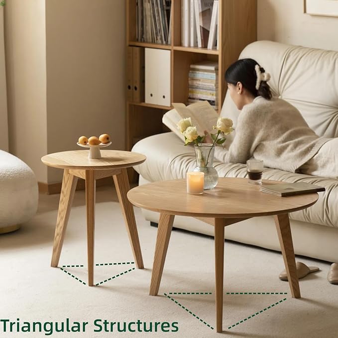 100% Solid Oak Wood Coffee Table Set, Round Coffee Table Combo Side Table w/Solid Wood Legs, Mid Century Table Sturdy Tables for Bedroom Balcony Living Room (Natural, Small-Medium Combo)
