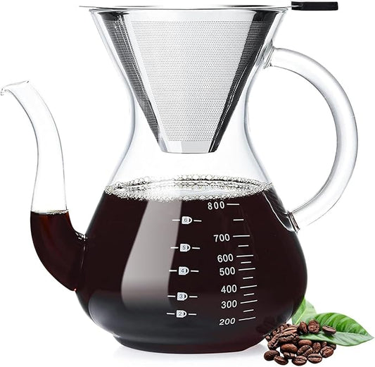 Unbreakable - Pour Over Coffee Maker with Double Stainless Filter 34 fl oz, Thickened Heat-Resistant Borosilicate Glass Pour Over Coffee Dripper, Stovetop Safe