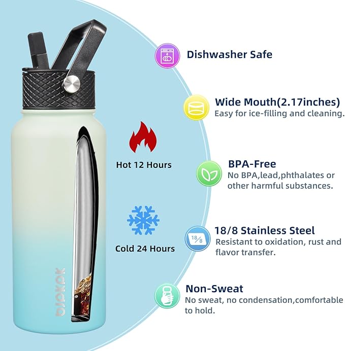 BJPKPK 2 Pack Insulated Water Bottles with Straw Lids, 32oz Stainless Steel Metal Water Bottle with 6 Lids, Leak Proof BPA Free Jugs, Cups, Flasks for Travel, Sports (Army Green+Mint)