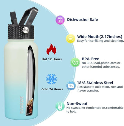 BJPKPK 2 Pack Insulated Water Bottles with Straw Lids, 32oz Stainless Steel Metal Water Bottle with 6 Lids, Leak Proof BPA Free Jugs, Cups, Flasks for Travel, Sports (Army Green+Mint)