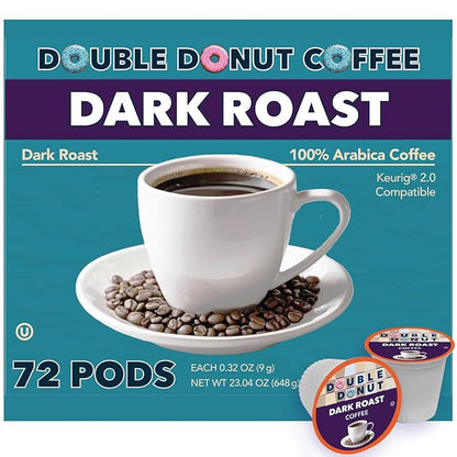 Double Donut Extra Bold Blend Dark Roast Coffee Pods, Dark Roast Coffee, Compatible with Keurig K Cups Brewers, 72 Count