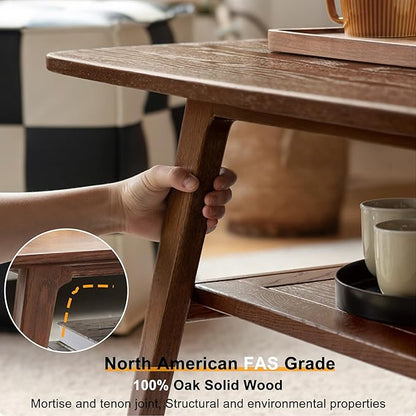 Modern Solid Wood Coffee Table, 2-Tier Small Wooden Coffee Table with Storage Shelf for Living Room, Apartment, Office, Walnut (40''D x 20''W x 18''H)