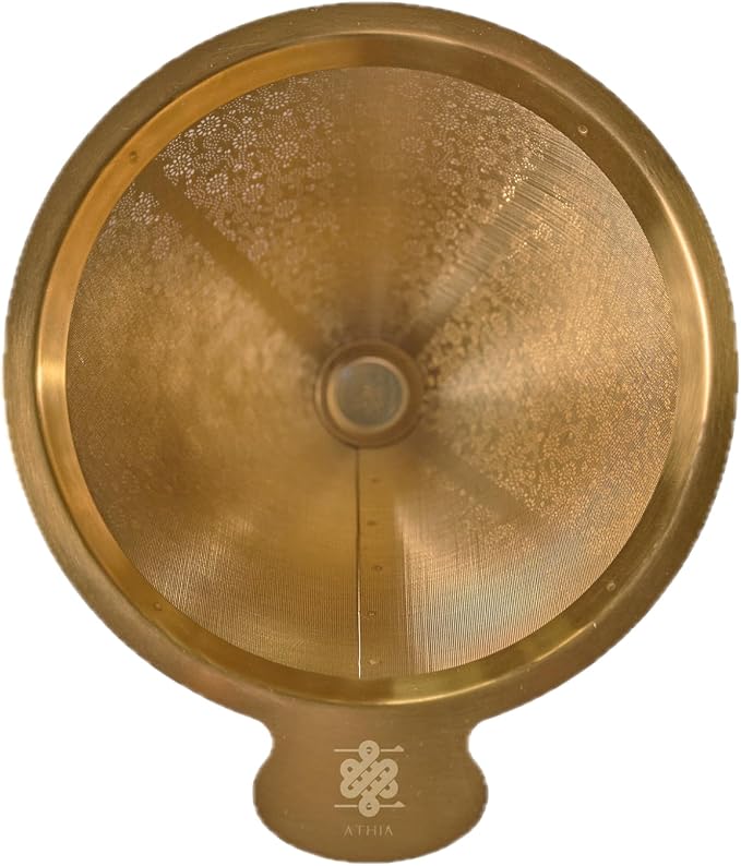 ATHIA Golden Reusable Coffee Filter, Stainless Steel Pour Over Dripper with Laser-etched Mesh Cone, Eco-friendly Paperless Design, Fits Most Mugs, Carafes & Hario Brewers (Golden, Flower Carving)