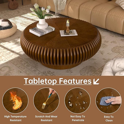 Round Coffee Table 31.4" Modern Brown Fluted Coffee Table Low Walnut Round Drum Pedestal Coffee Tables for Living Room Farmhouse (Walnut 31.4in)