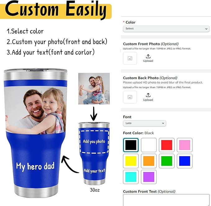 Personalized Coffee Tumbler with Pictures Text Name, Custom Photo Stainless Steel Coffee Tumbler, Coffee Travel Mug Cup 30 Oz, Custom Gifts for Father's Day Birthday Christmas for Dad, Mom, Friend