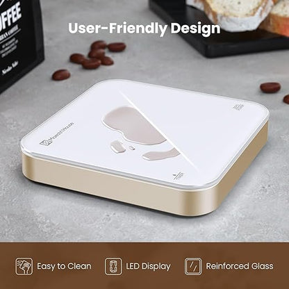 Rechargeable Mini Coffee Scale with Timer, Maestri House Espresso Scale, 2kg/0.1g Accurate Scale for Espresso and Pour-Over Coffee, Portable Digital Kitchen Scale with Automatic Timing（White&Glod）