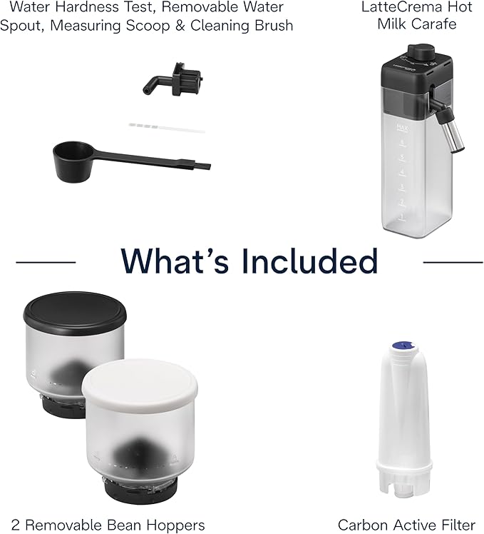 De'Longhi Rivelia Automatic Espresso Machine with Grinder & Milk Frother – All-in-One Coffee Maker, Hot & Iced Latte, Cappuccino, Bean Switch System, Burr Grinder, Compact Italian Design, White