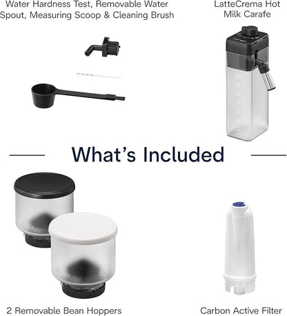 De'Longhi Rivelia Automatic Espresso Machine with Grinder & Milk Frother – All-in-One Coffee Maker, Hot & Iced Latte, Cappuccino, Bean Switch System, Burr Grinder, Compact Italian Design, White