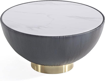 Manhattan Comfort Modern Anderson Coffee Table, 1.0 & 2.0 End Table, Upholstered in Grey Leatherette with Ceramic Faux Tabletop and Gold Metal Tabletop- Set of 3