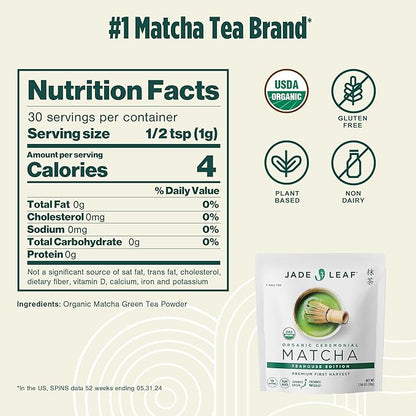 Jade Leaf Matcha Organic Ceremonial Green Tea Powder - Teahouse Edition - Premium First Harvest Ceremonial Grade- Authentic Japanese Origin (1.06 Ounce Pouch)