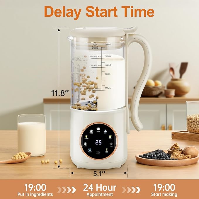 48 oz Nut Milk Maker Machine with 16 Blades, 8 in 1 Automatic Homemade Almond, Oat, Soy, Plant-Based Milk and Dairy Free Beverages, Almond Maker, Self-cleaning, Keep Warm/24-Hour Delay