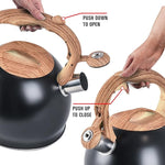 Load image into Gallery viewer, Emeril Lagasse 3.2 Quart/3 Liter Whistling Tea Kettle, Stainless Steel Whistling Tea Pot for Induction Stove Top, Fast to Boil Water for Home Kitchen Condo, with Wood Handle, Black